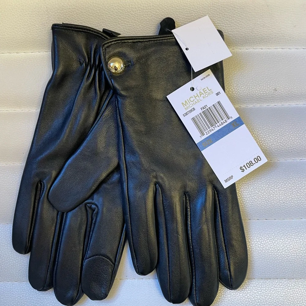 Michael Kors Leather Black Gloves Gold Button Touch Tip Gift Box MSRP $108 NEW